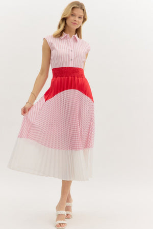 entro stripe and colorblocked sleeveless pleated midi dress in red