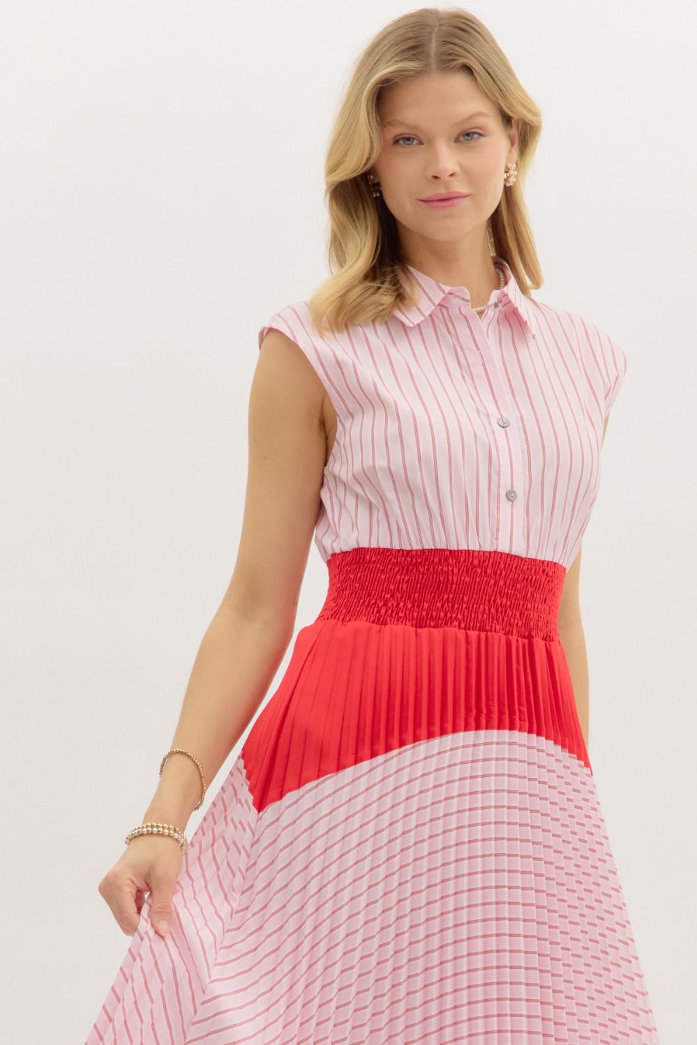 entro stripe and colorblocked sleeveless pleated midi dress in red