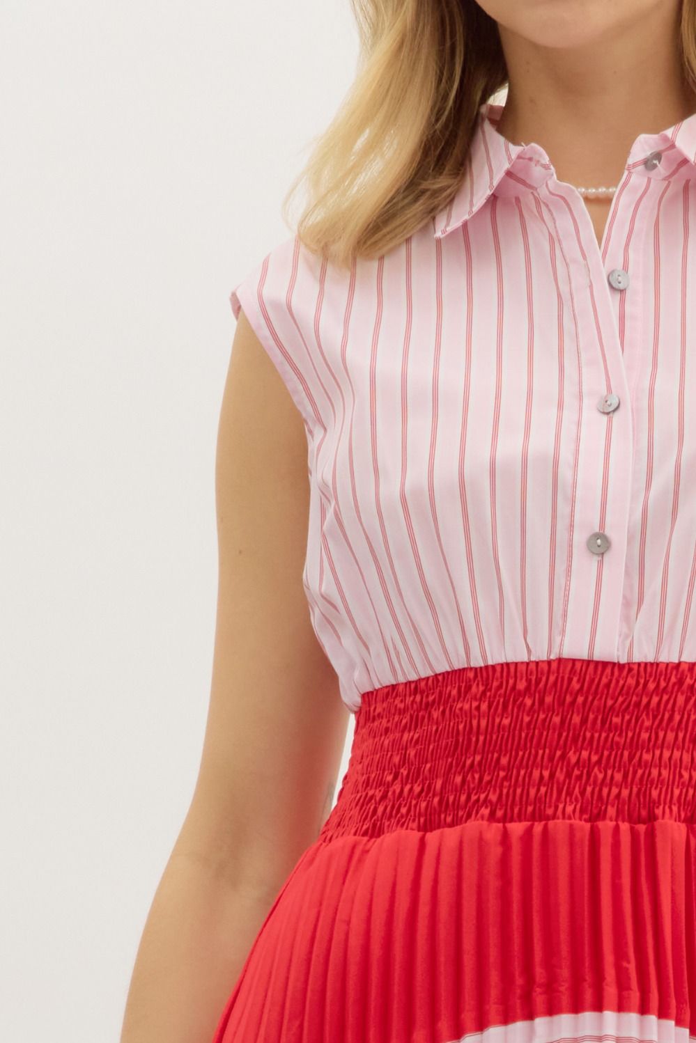 entro stripe and colorblocked sleeveless pleated midi dress in red