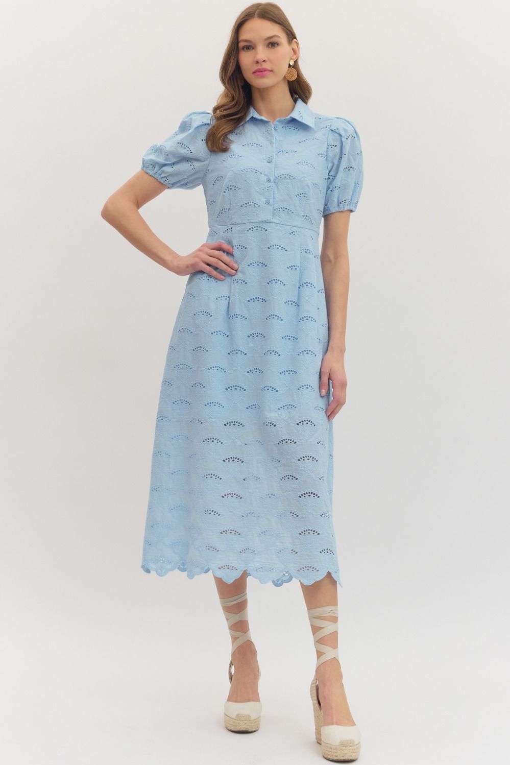 Spring Eyelet Puff Sleeve Midi Dress