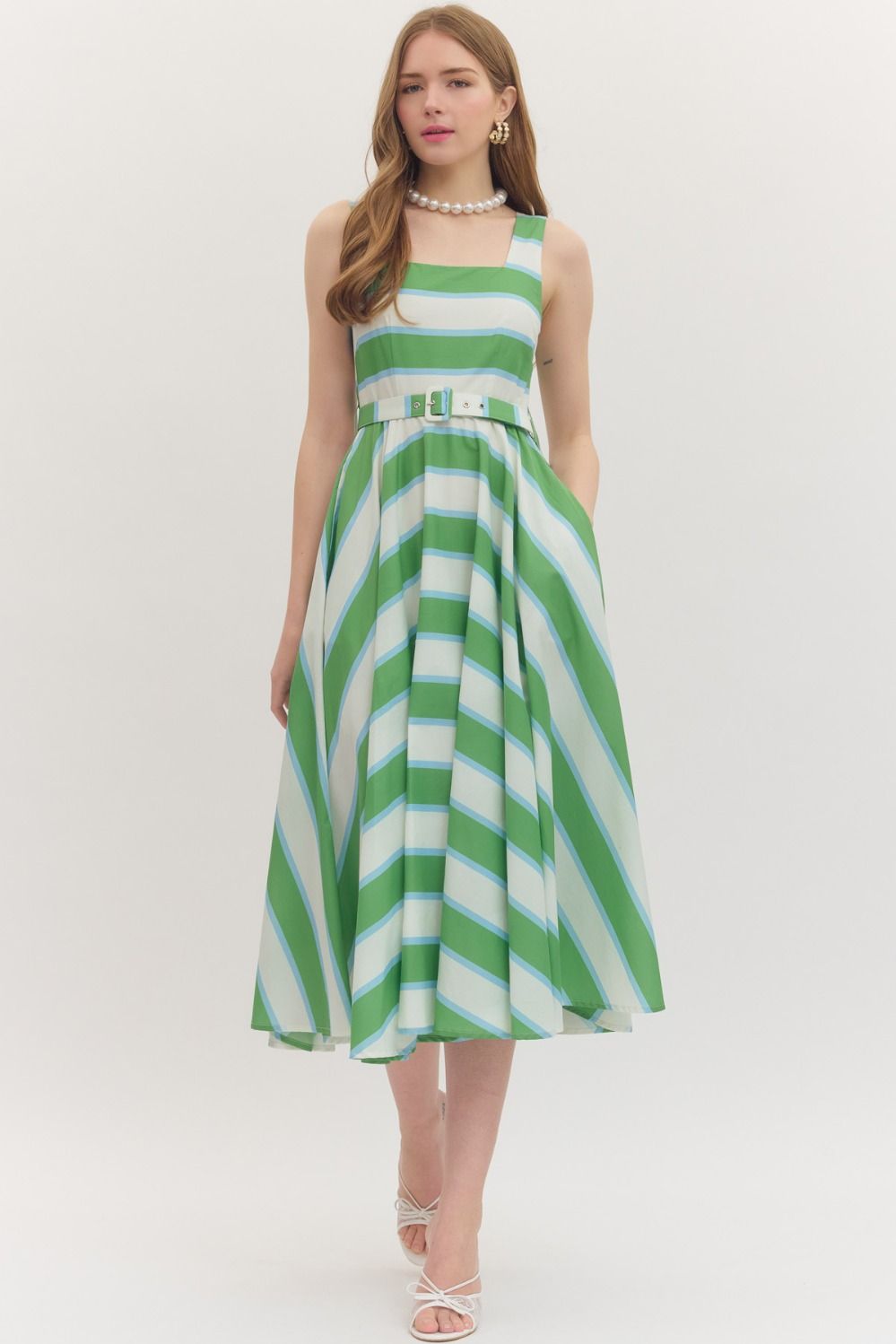 Coastal Lines Square Neck Midi Dress