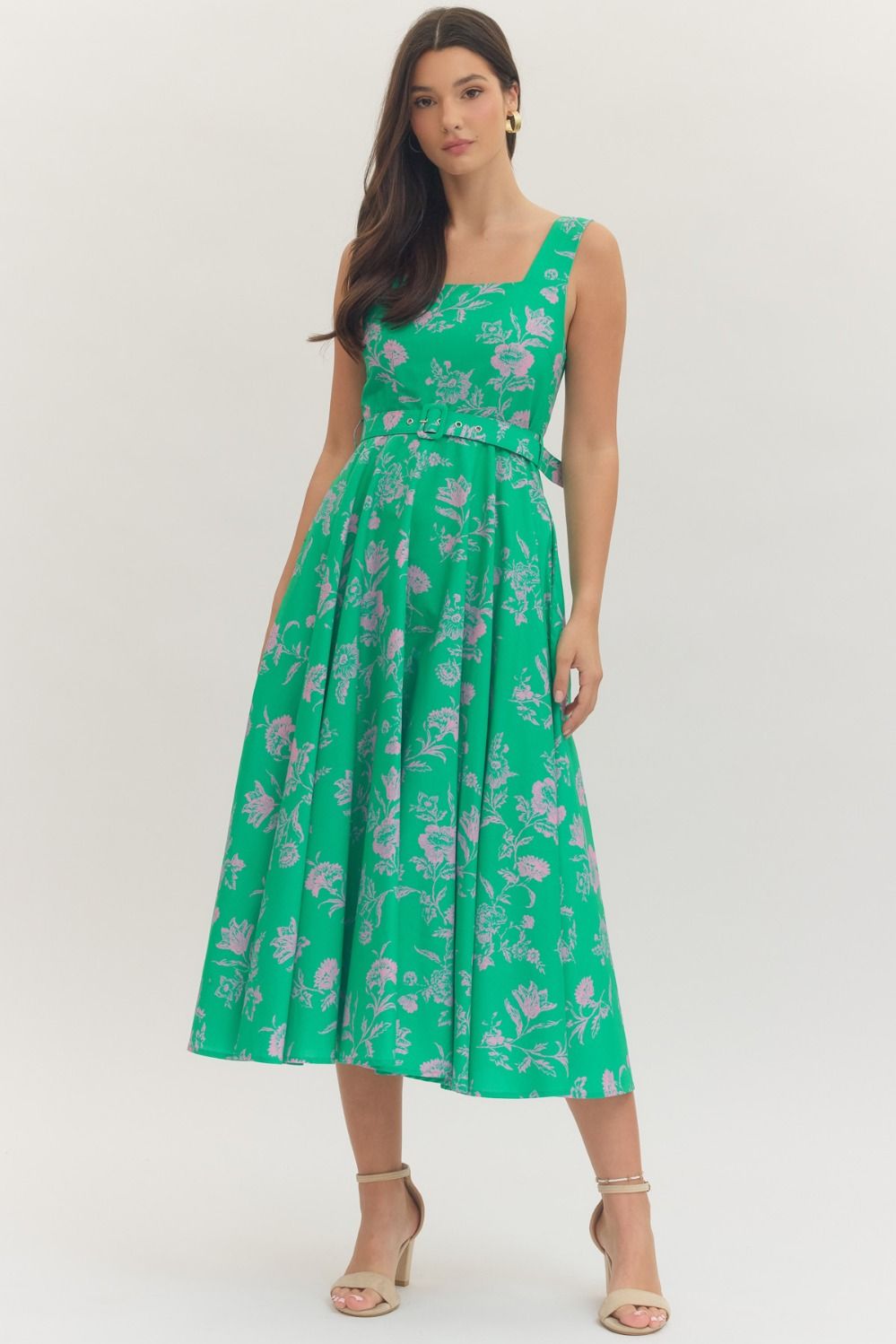 Sunlit Garden Belted Floral Midi Dress