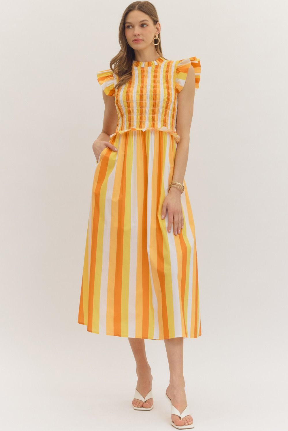 Citrus Breeze Orange Stripe Midi Dress