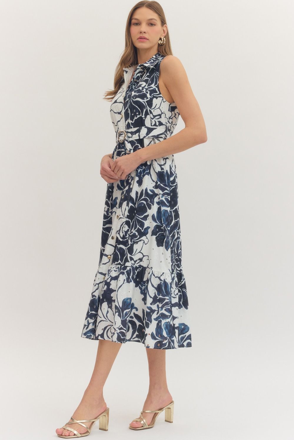 belted floral print midi dress Gold Floral Belted Midi Dress | Sleeveless Button-Front Dress