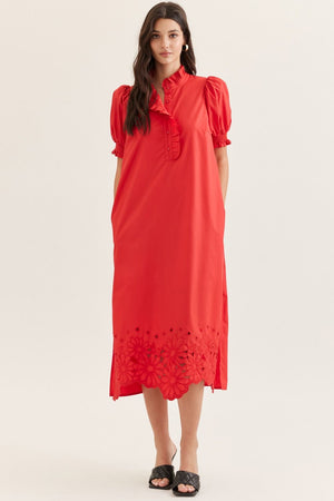 Embroidered Scallop Hem Puff Sleeve Midi Dress