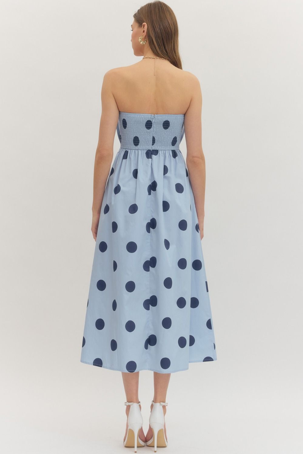 strapless navy blue polka dot dress Ruched Polka Dot Strapless Cocktail Dress (Women)
