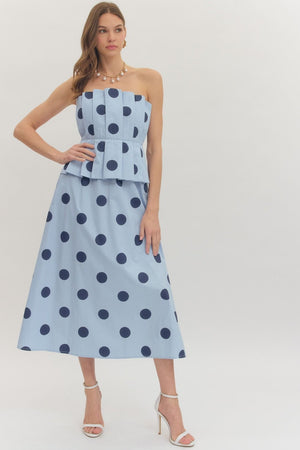 Polka Dot Strapless Pleated Midi Dress