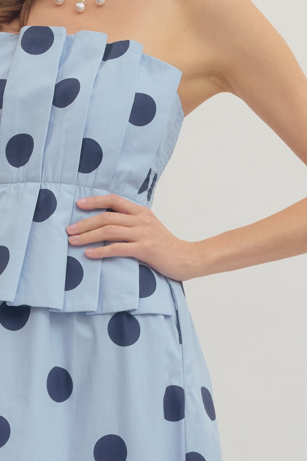 blue polka dot strapless dress Navy Bandeau Polka Dot Satin Midi Dress