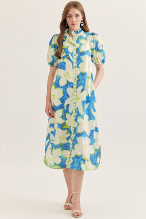 Floral Puff Sleeve Contrast Trim Midi Dress