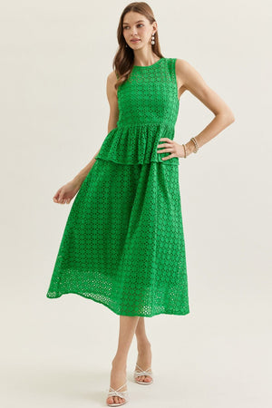 Eyelet Peplum Waist Midi Dress