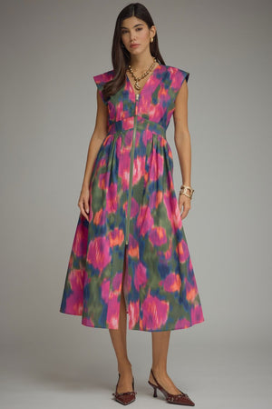 Printed Cap Sleeve Midi Dress