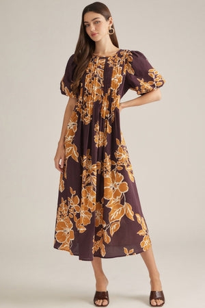 Golden Grove Floral Pleated Midi Dress
