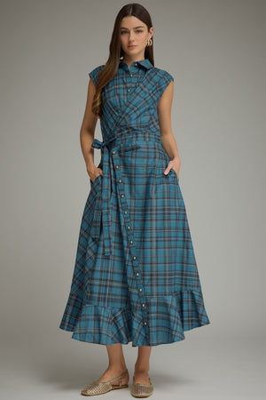 October Plaid Tie-Waist Midi Dress