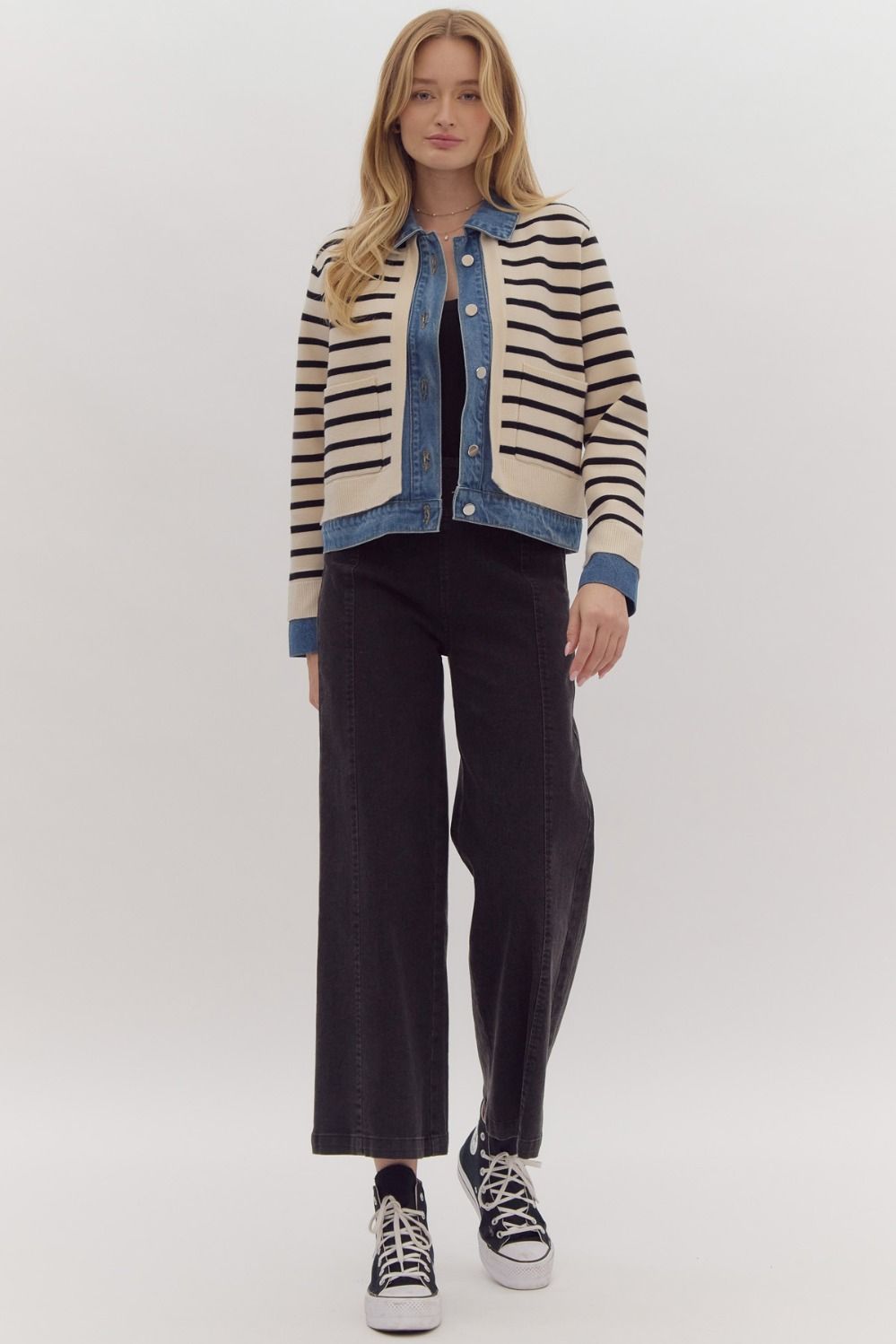 striped cardigan & denim details jacket