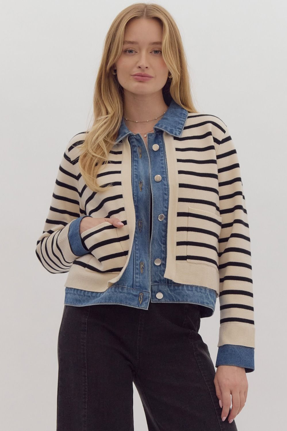 striped cardigan & denim details jacket