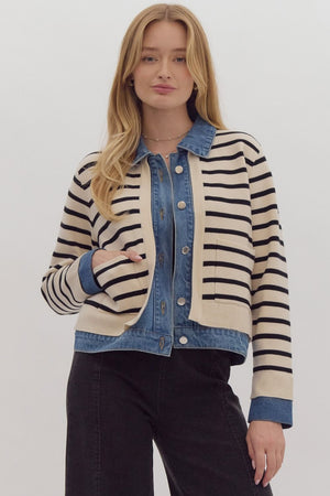 striped cardigan & denim details jacket