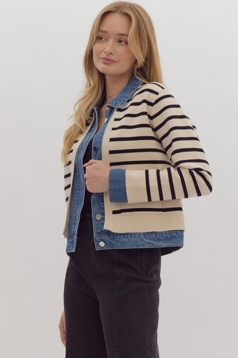 striped cardigan & denim details jacket-side