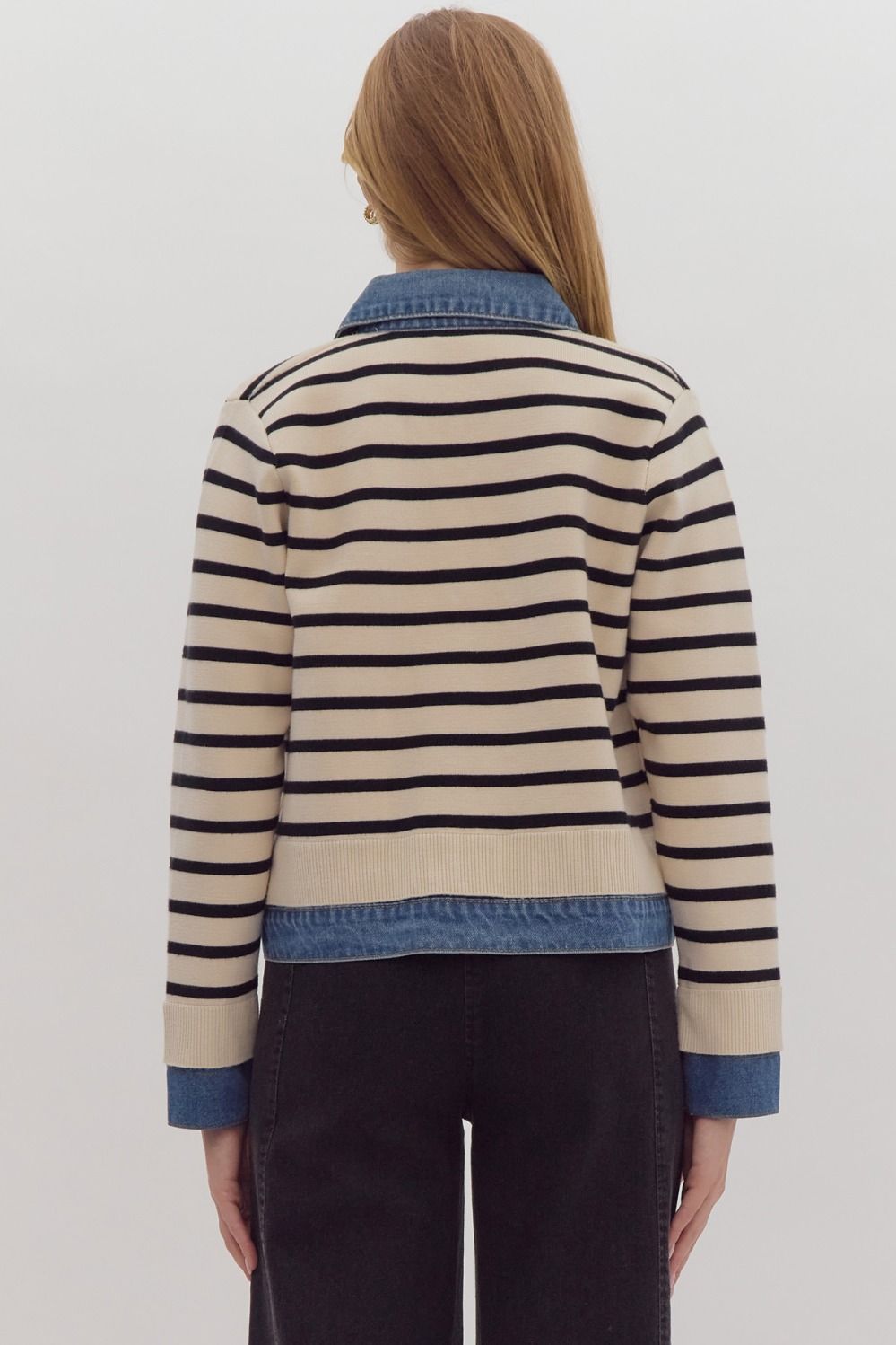 striped cardigan & denim details jacket-back