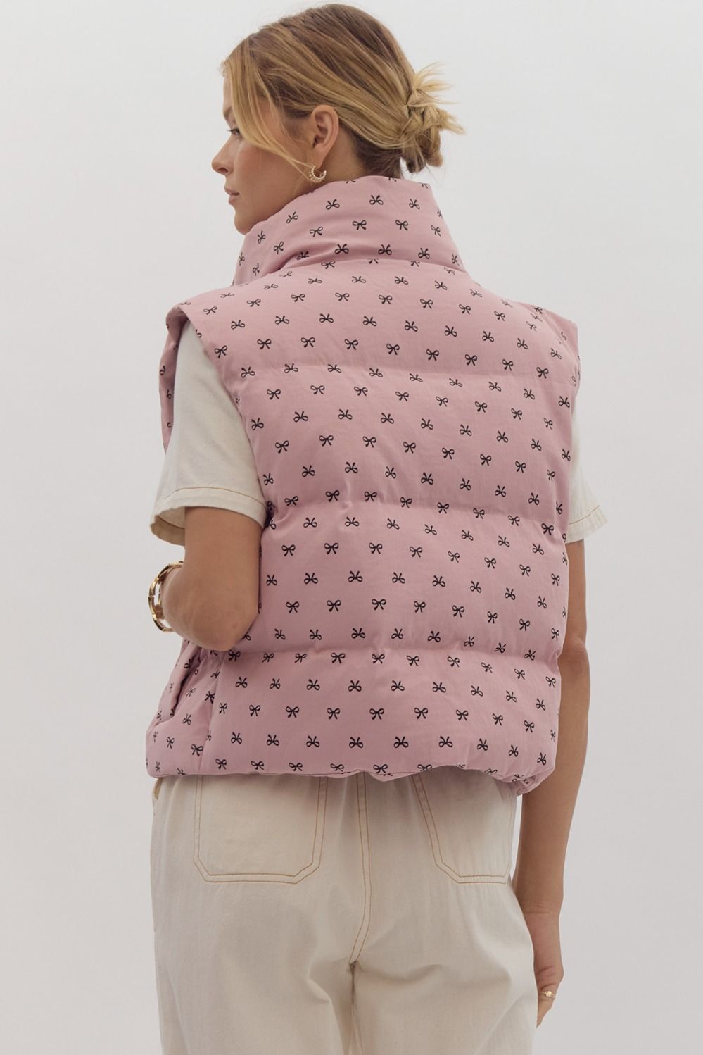 mini bow print puffer vest in pink-back