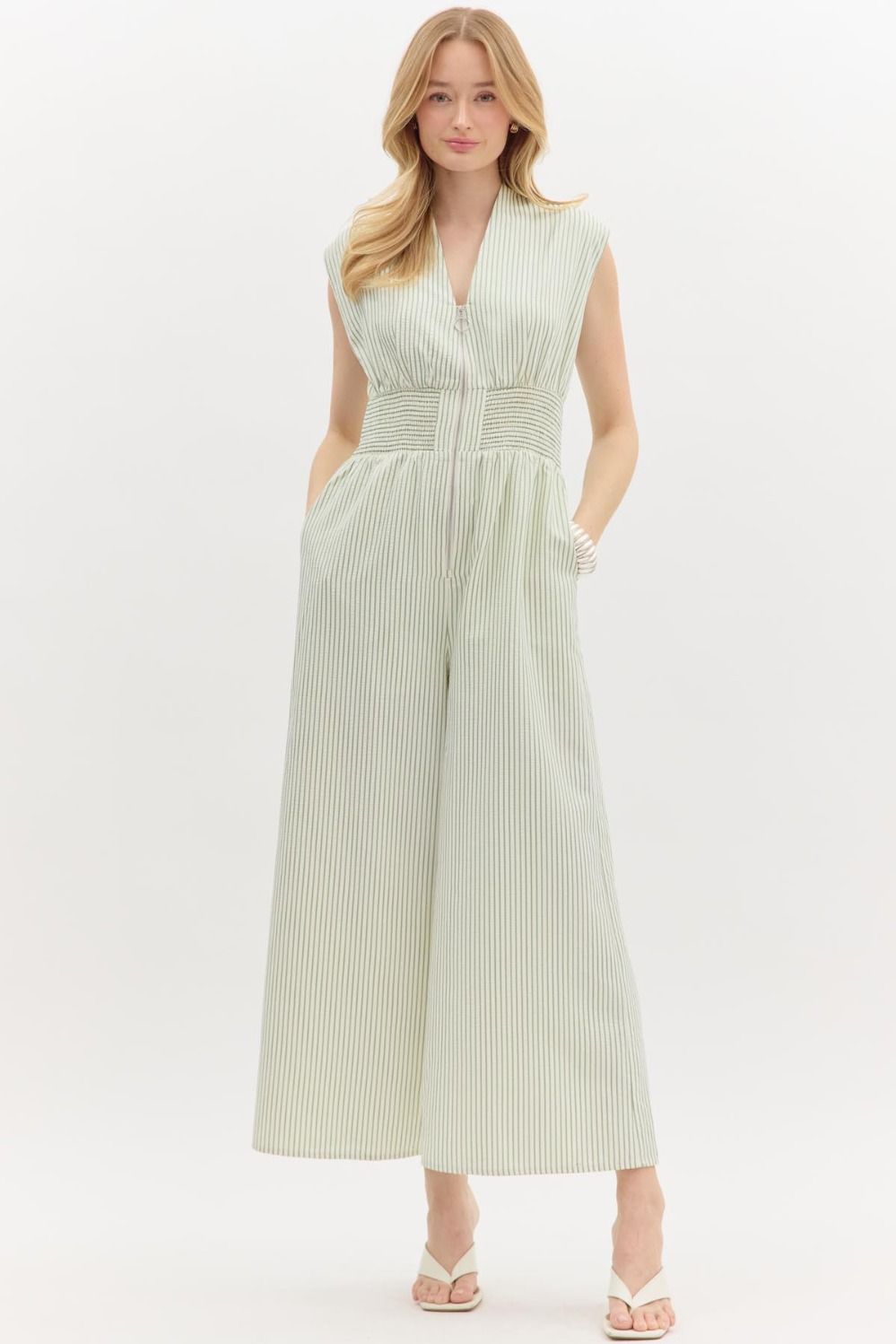 Striped Sleeveless Zip Ankle Jumpsuit in green tea