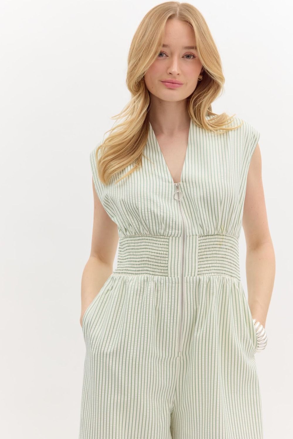 Striped Sleeveless Zip Ankle Jumpsuit in green tea