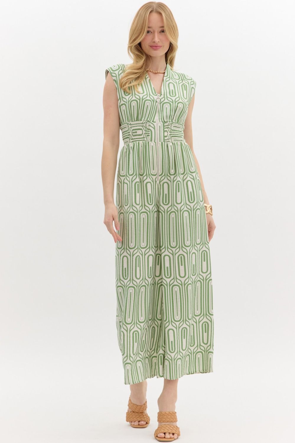 Abstract Print sleeveless  Jumpsuit in olive