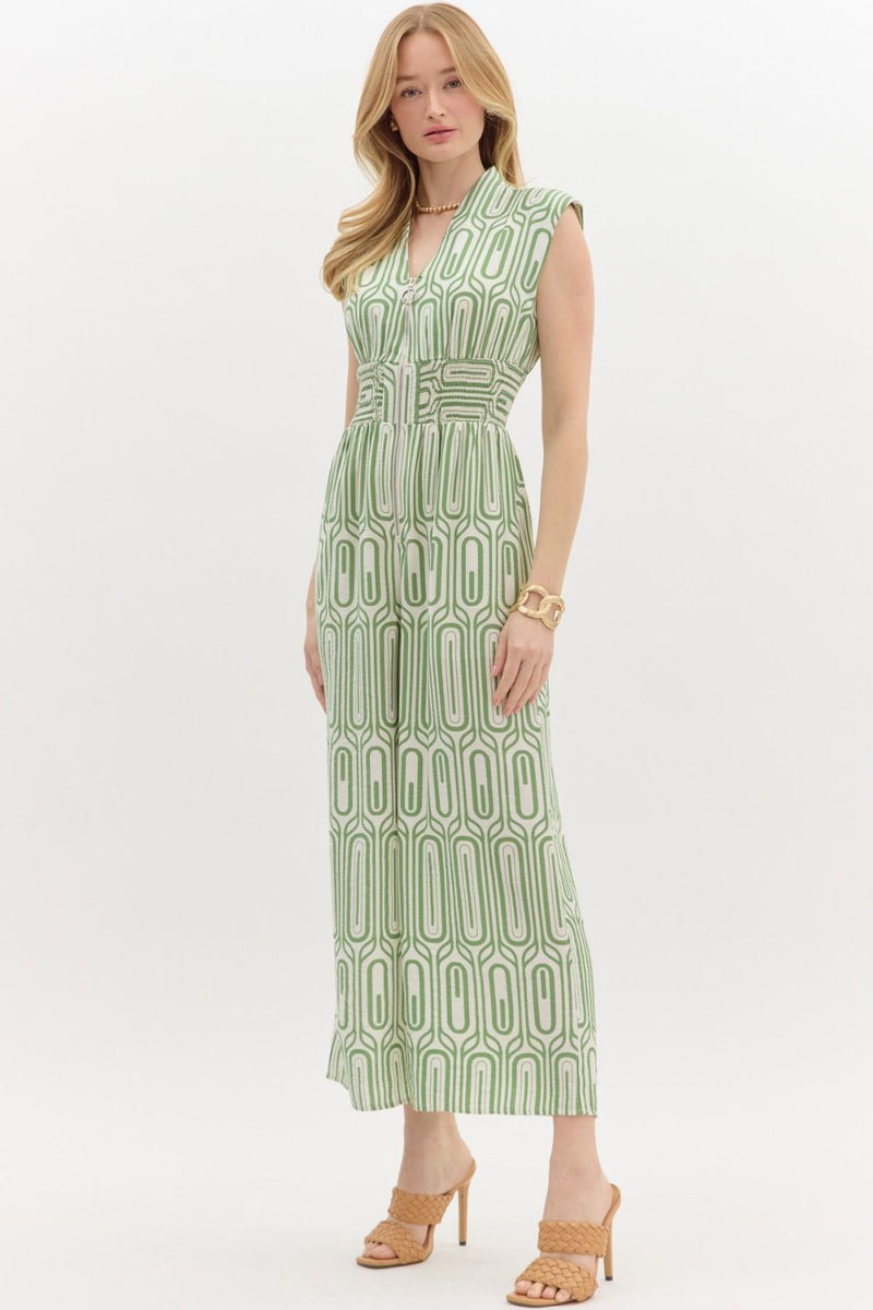 Abstract Print sleeveless  Jumpsuit in olive