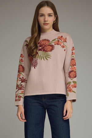 Floral Motif Long Sleeve Mock Neck Top