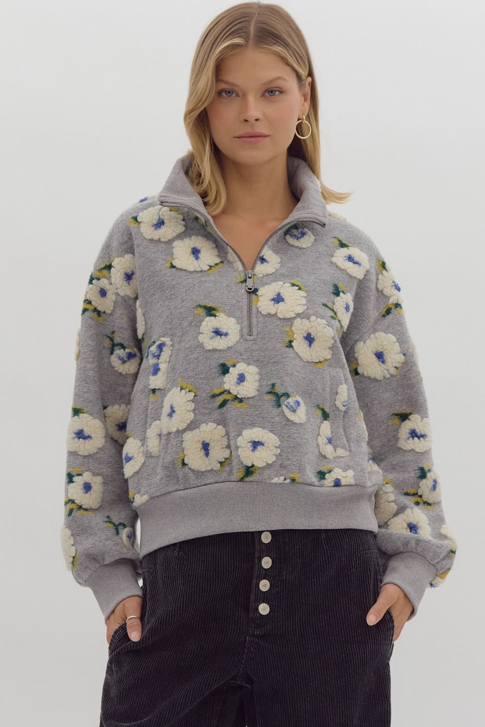 3d floral half zip front pocket sweater in grey-front