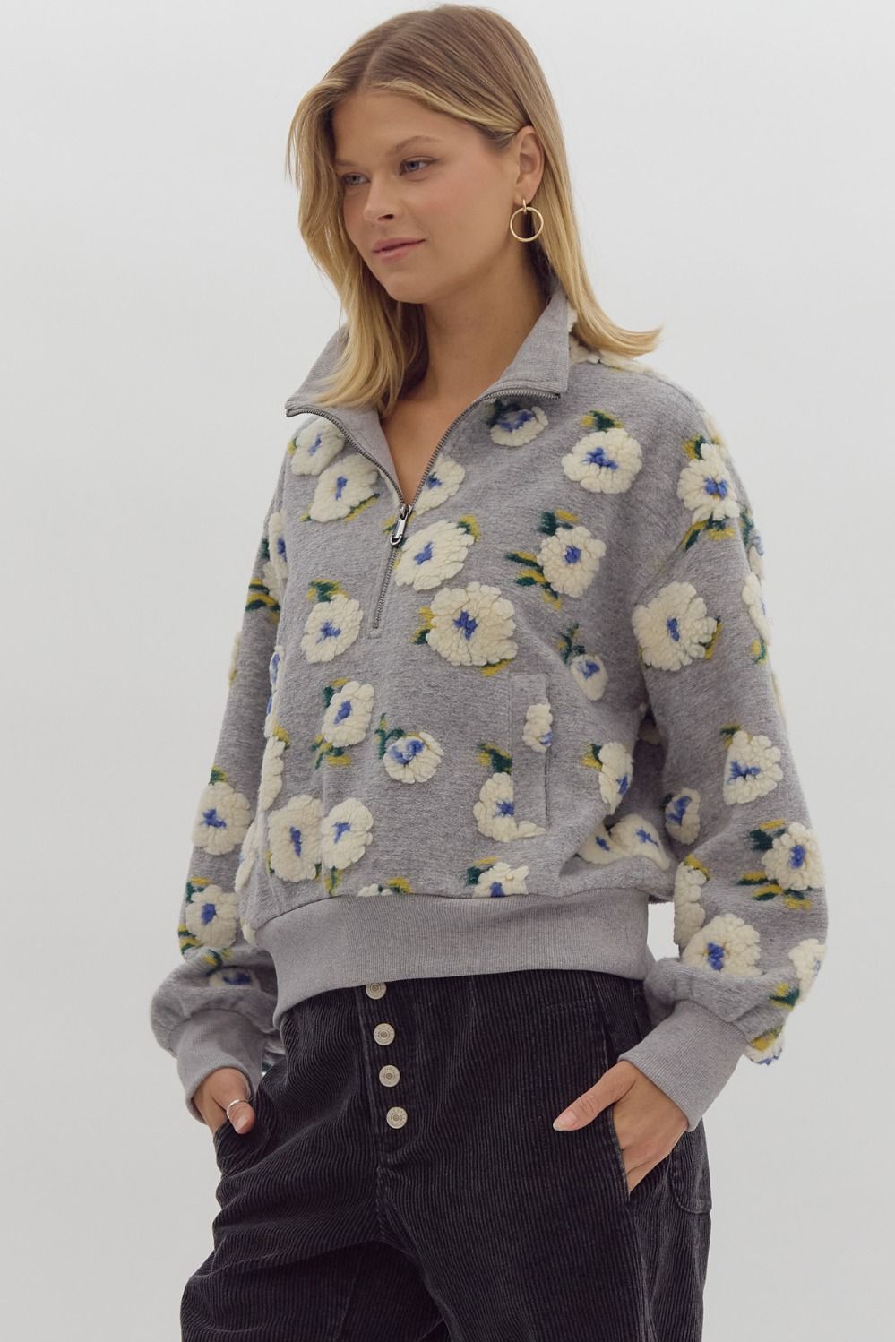 3d floral half zip front pocket sweater in grey-side