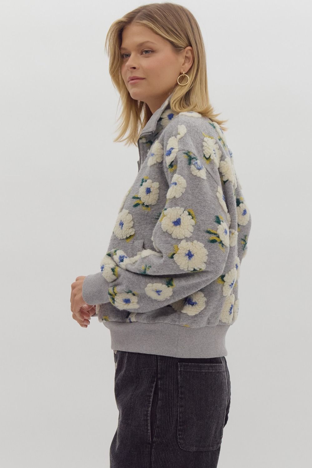 3d floral half zip front pocket sweater in grey-side