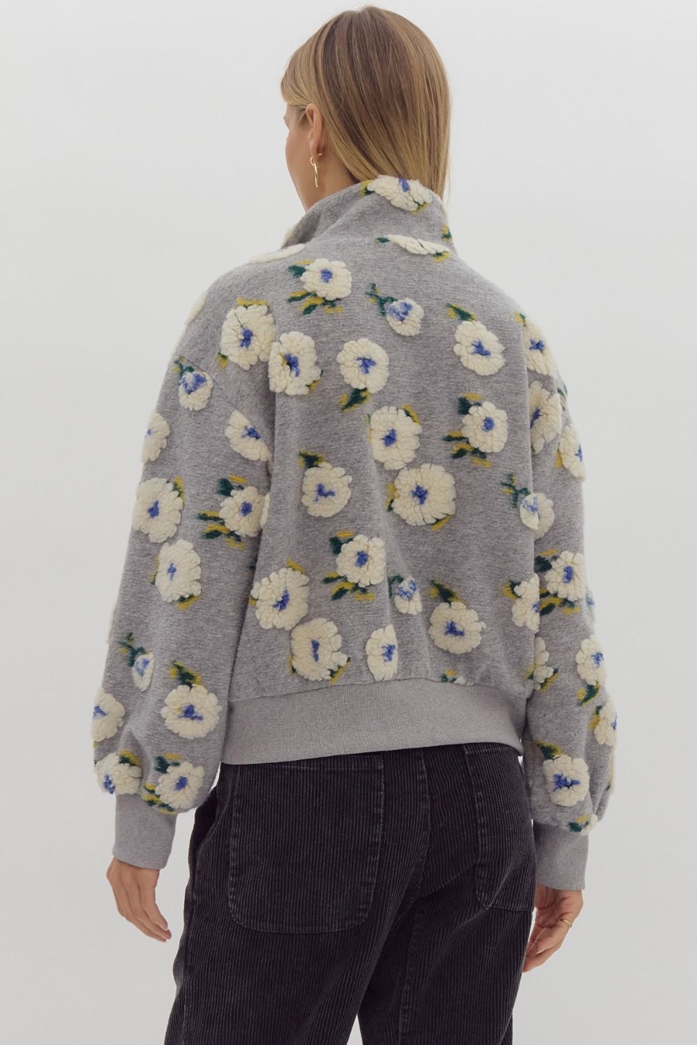 3d floral half zip front pocket sweater in grey-back