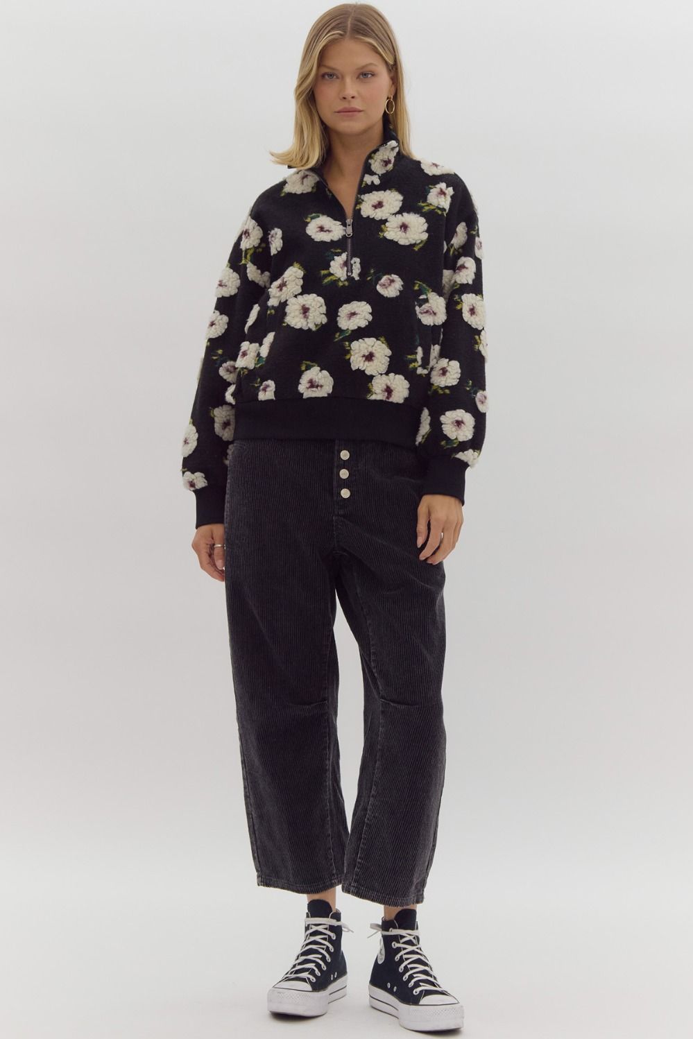 3d floral half zip front pocket sweater in black-front