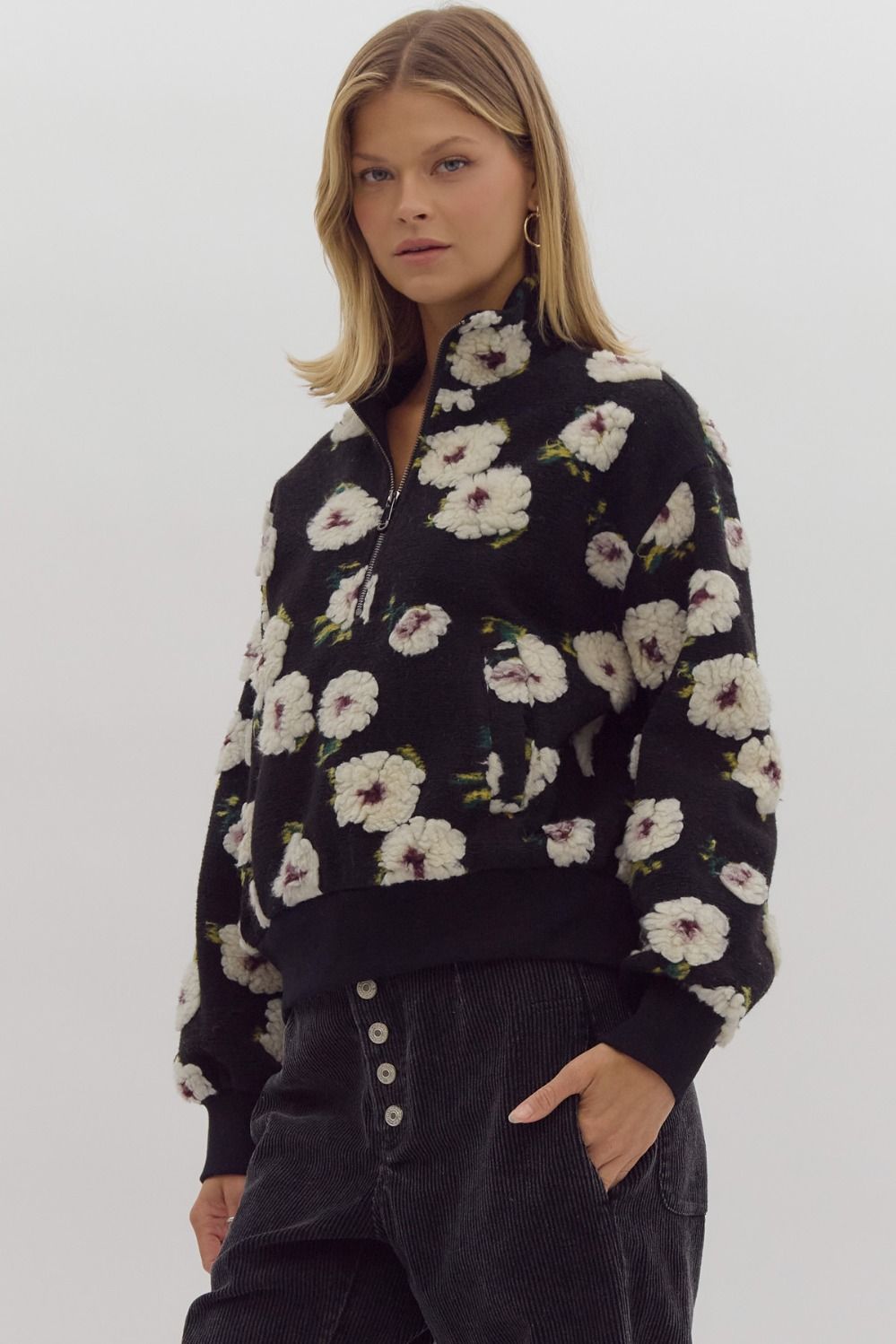 3d floral half zip front pocket sweater in black-side