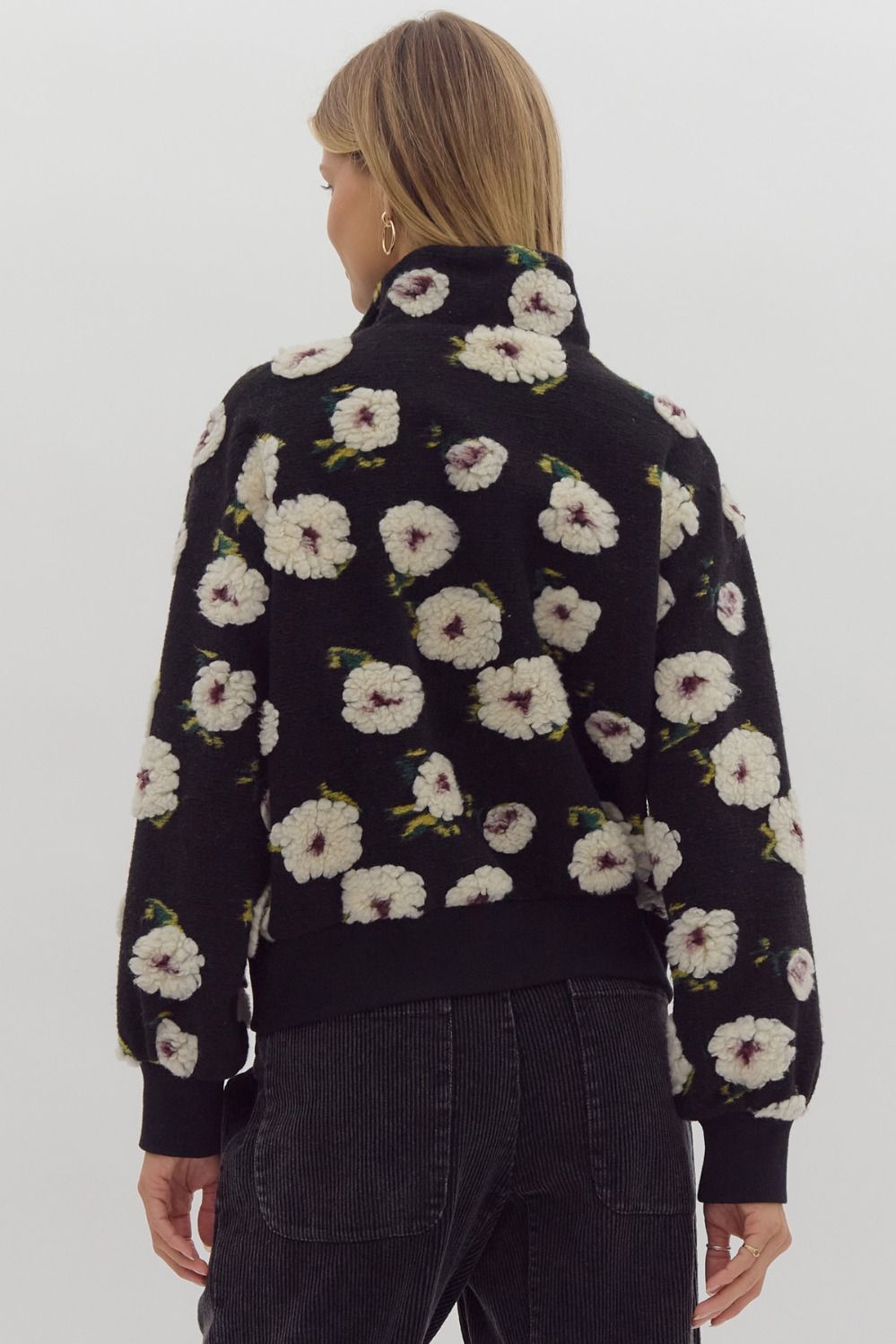 3d floral half zip front pocket sweater in black-back