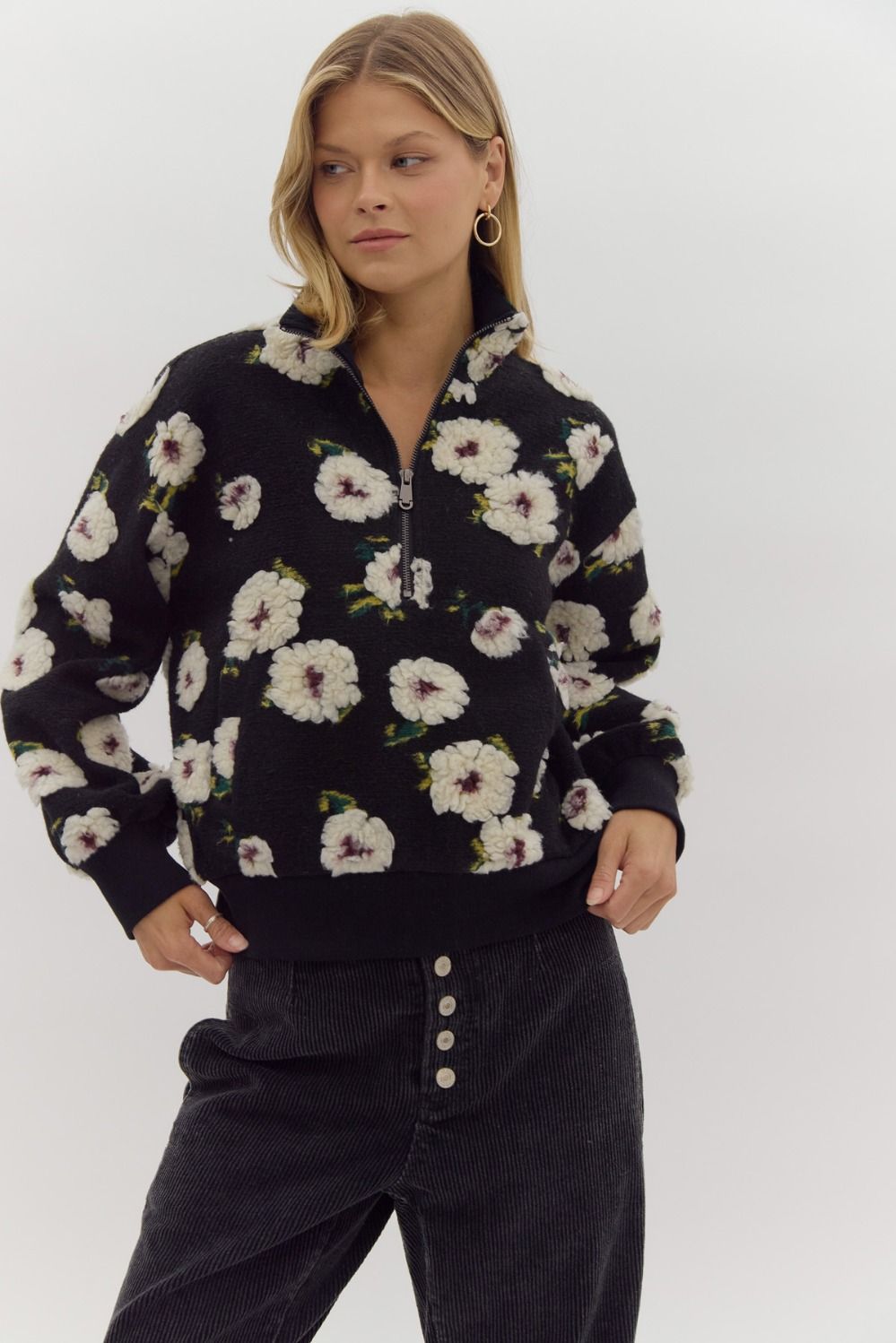 3d floral half zip front pocket sweater in black-front