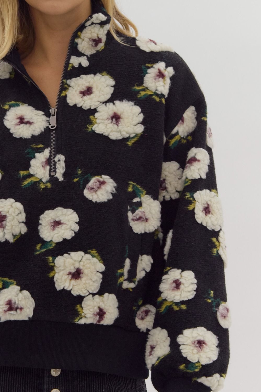 3d floral half zip front pocket sweater in black-front