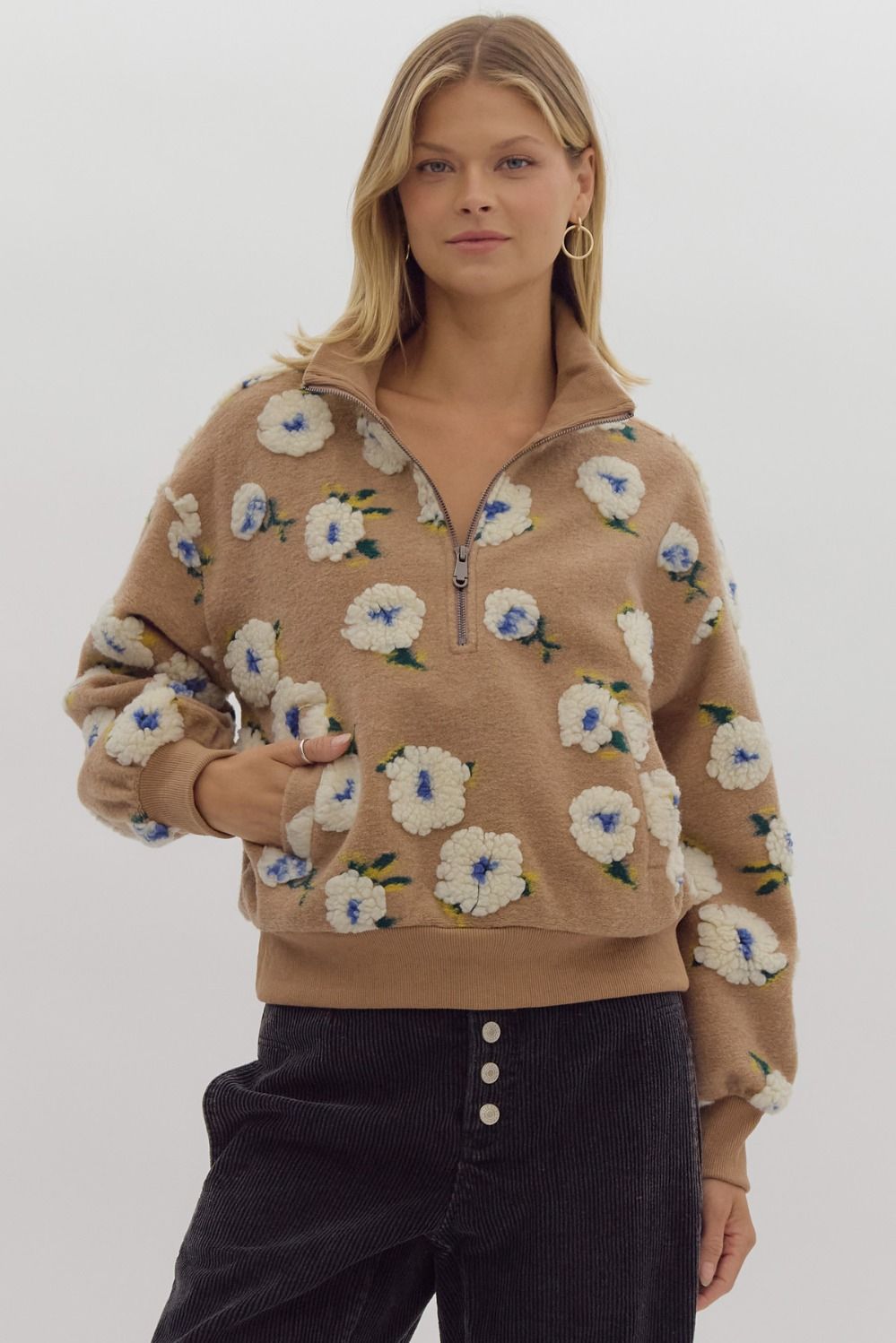 3d floral half zip front pocket sweater in taupe-front