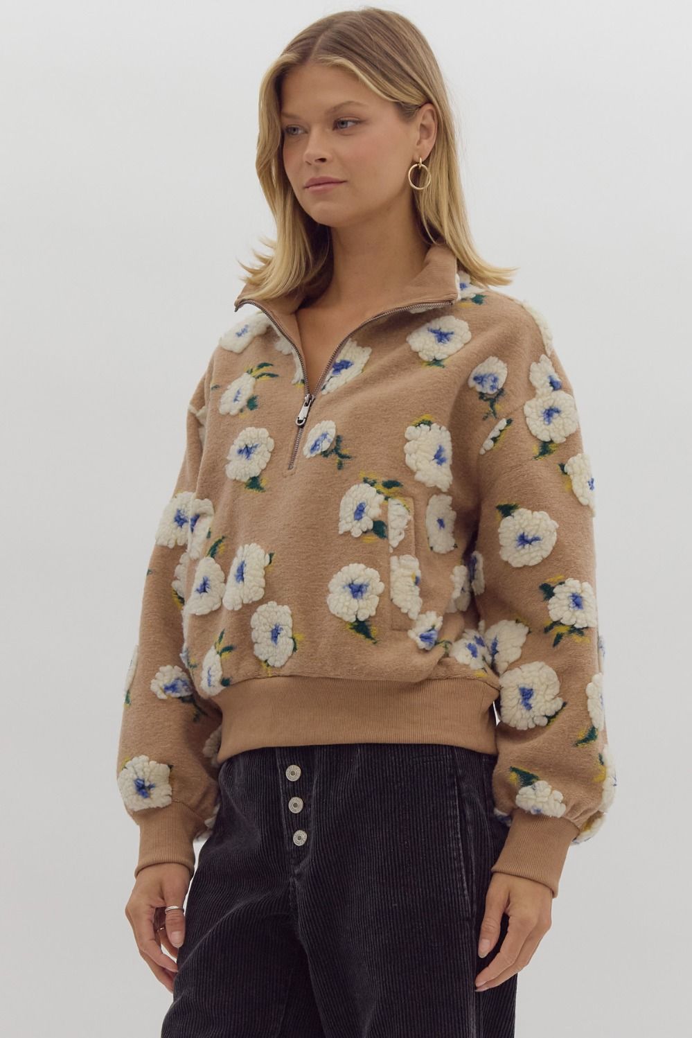 3d floral half zip front pocket sweater in taupe-side