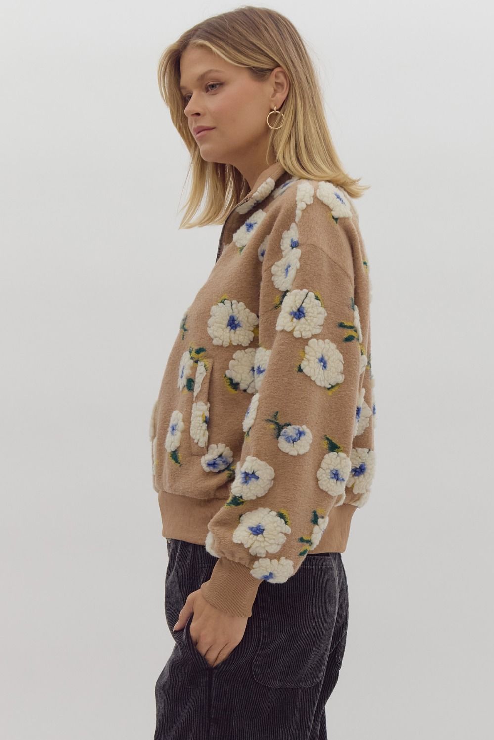 3d floral half zip front pocket sweater in taupe-side