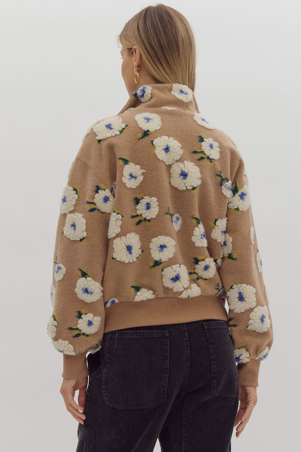 3d floral half zip front pocket sweater in taupe-back