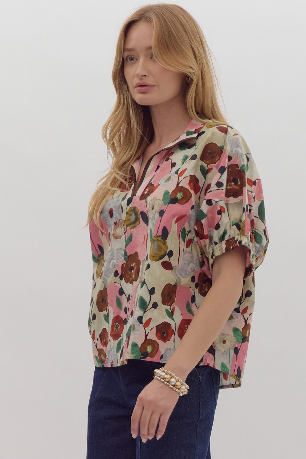 floral print split neck top with short sleeves in pink combo floral-side