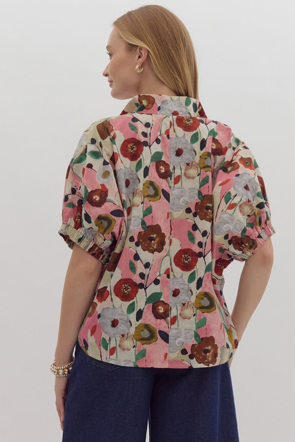 floral print split neck top with short sleeves in pink combo floral-back