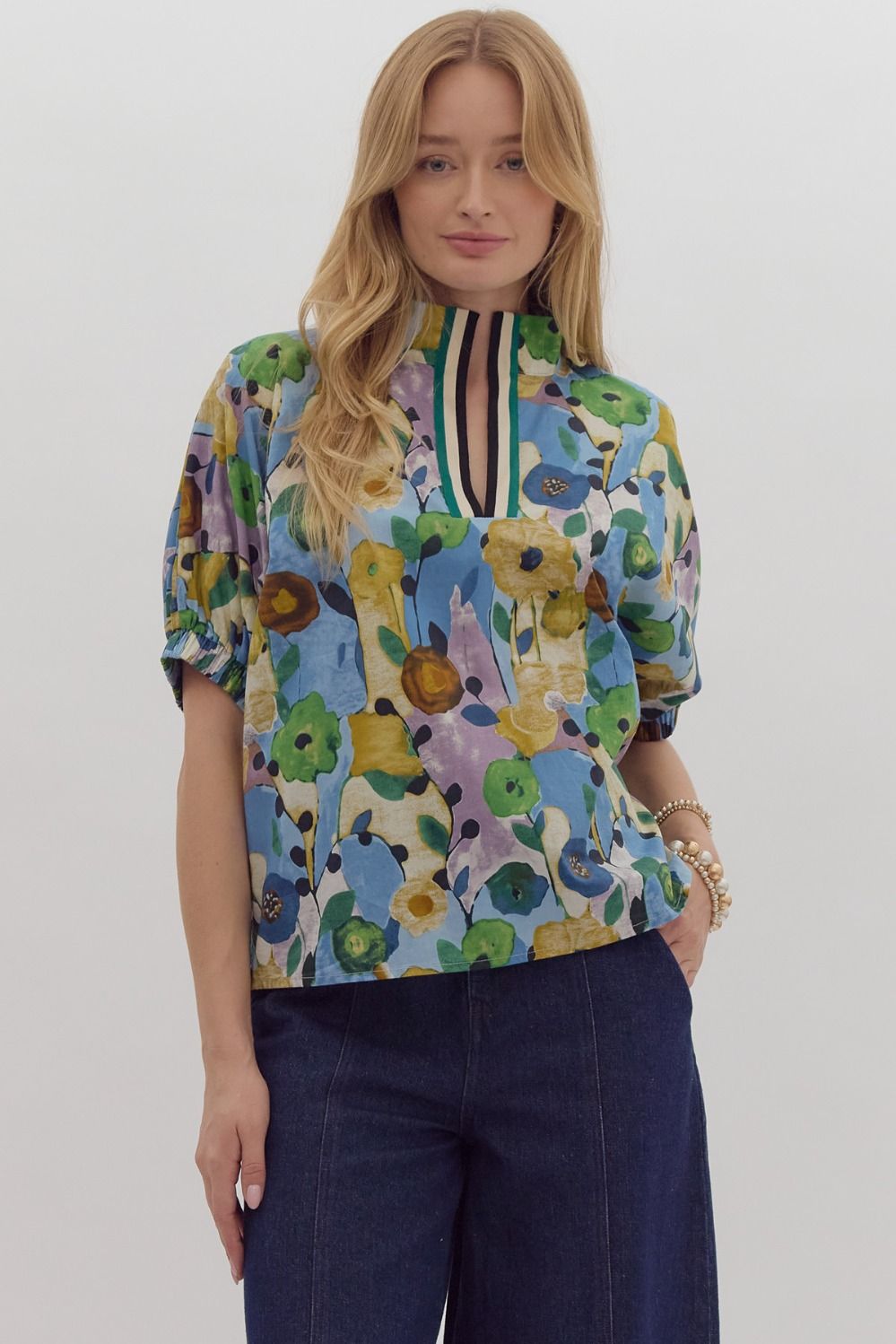 floral print split neck top with short sleeves in blue floral-front