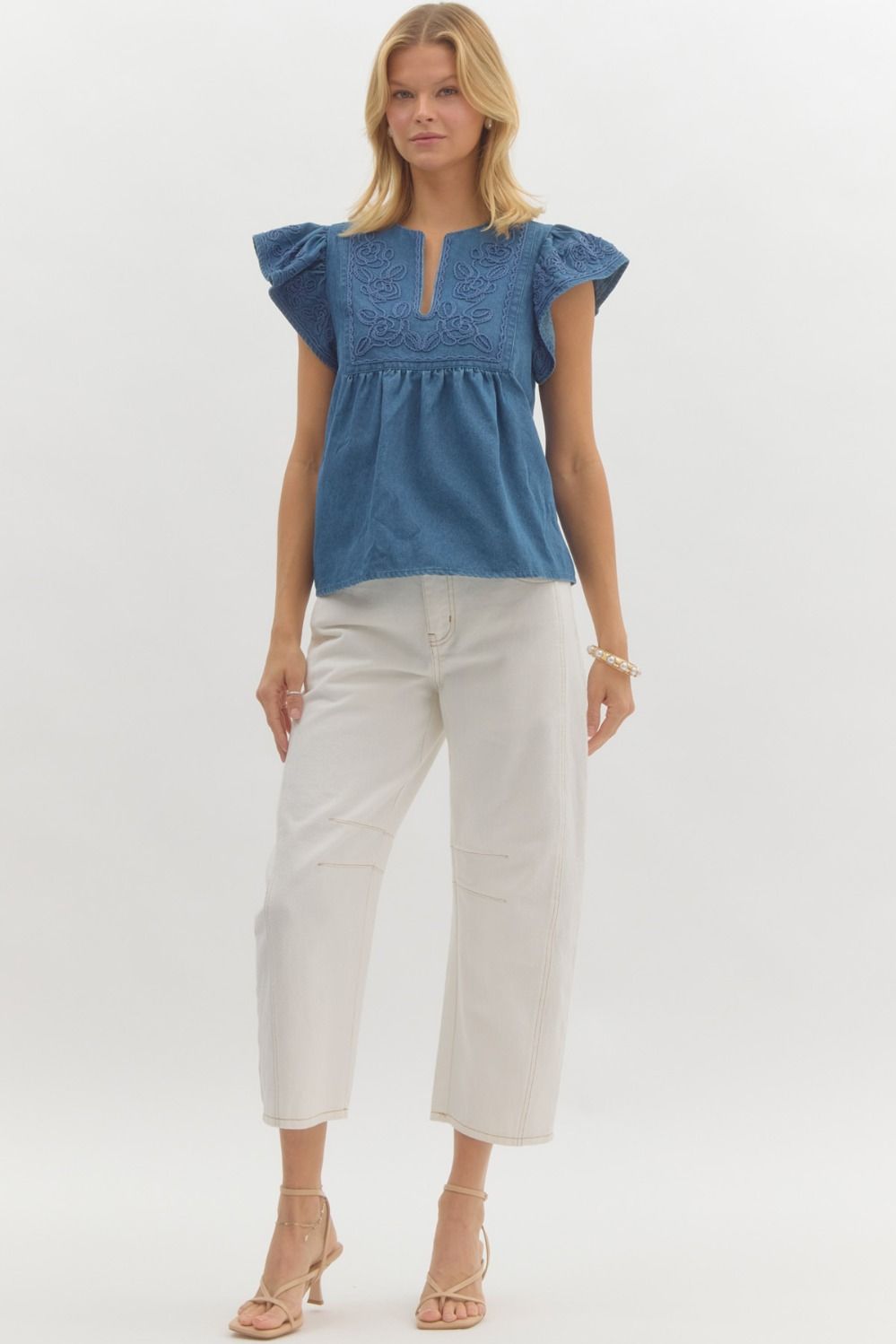 Solid Applique Flutter sleeve top in denim