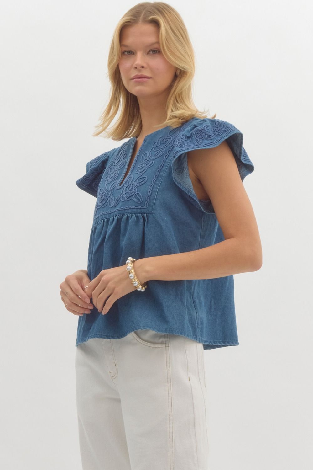 Solid Applique Flutter sleeve top in denim