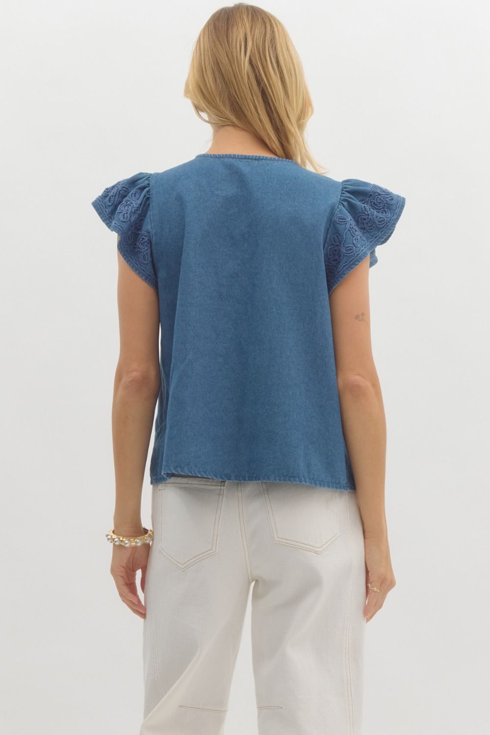 Solid Applique Flutter sleeve top in denim