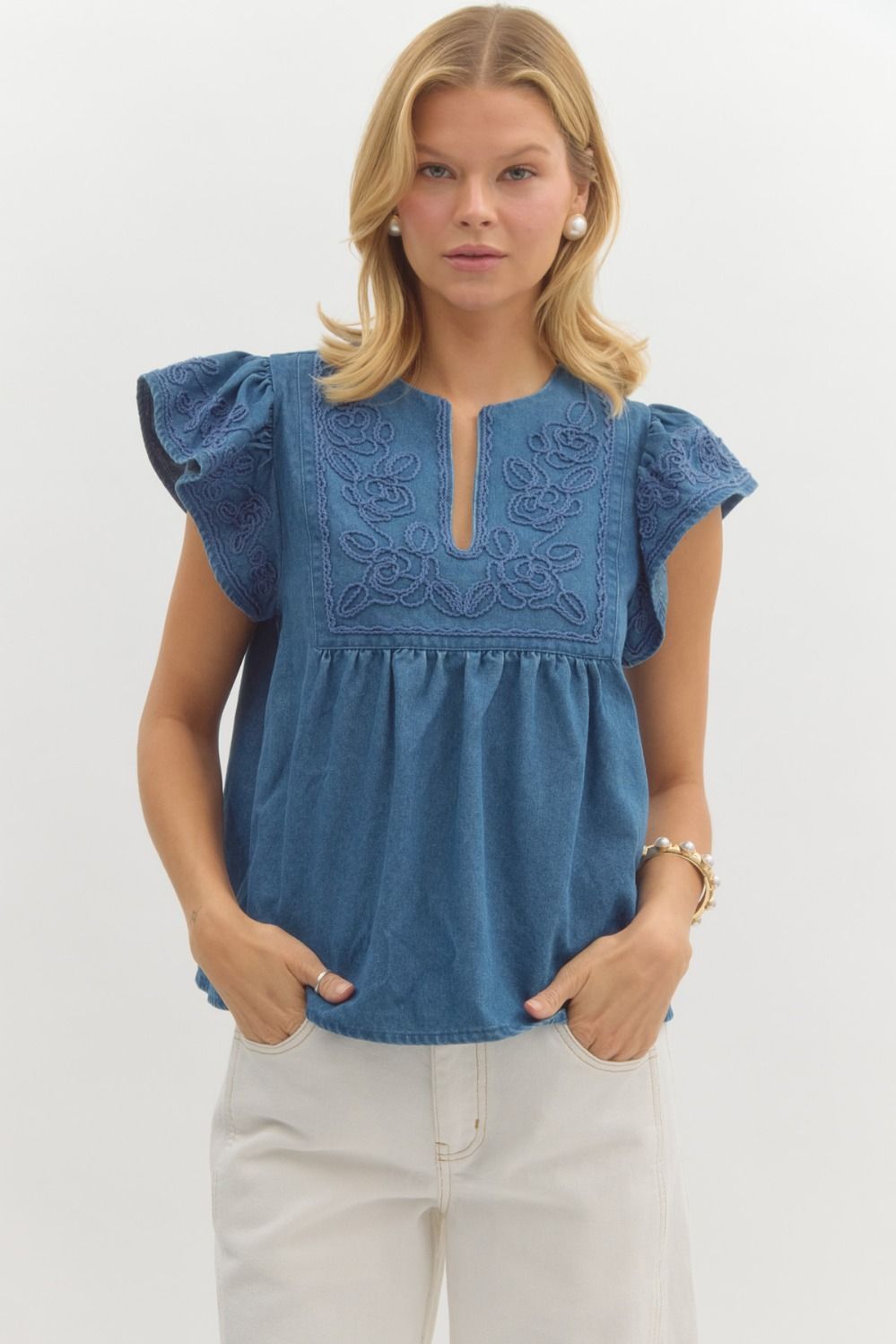 Solid Applique Flutter sleeve top in denim