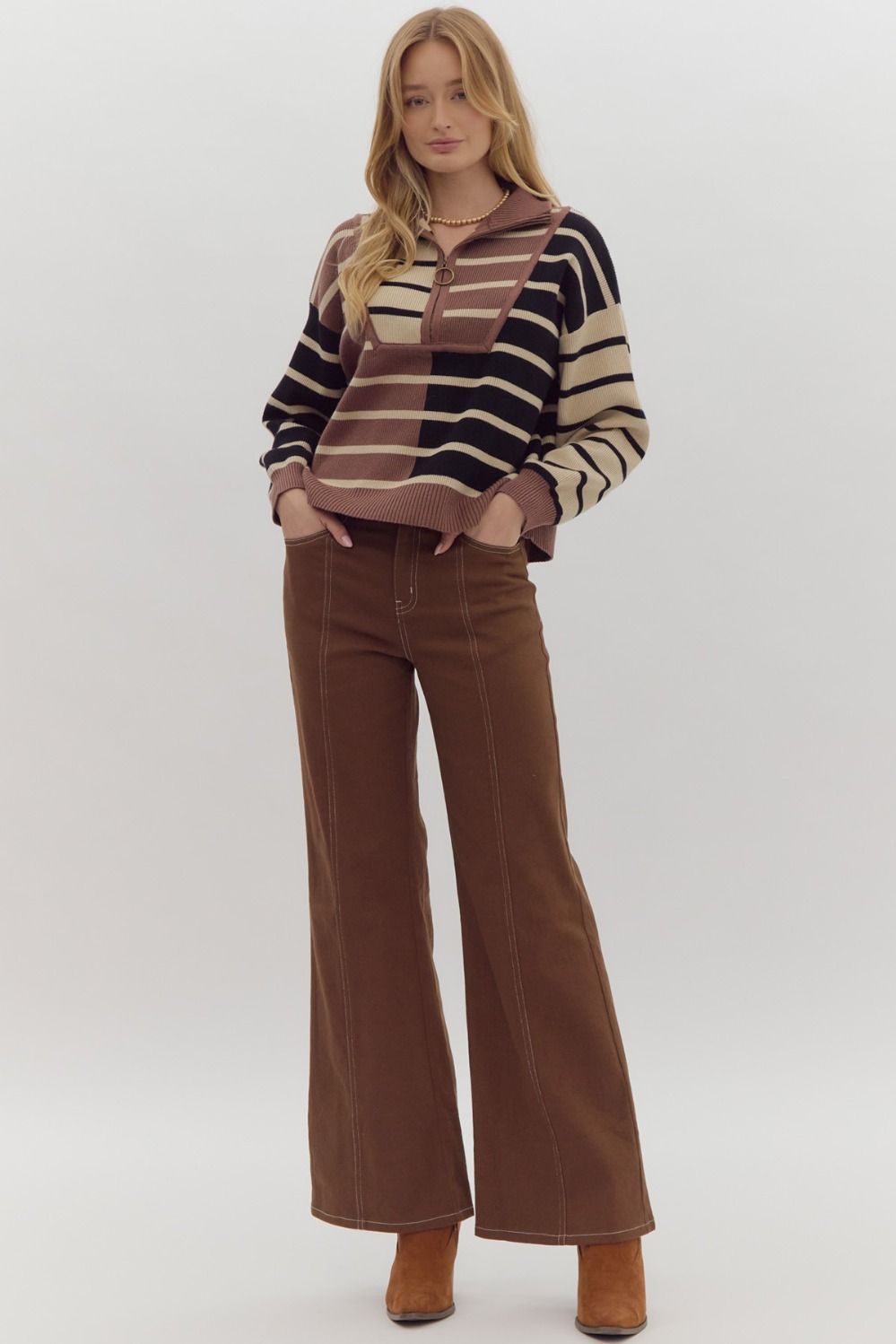 color block striped half zip pullover sweater in black and brown-front