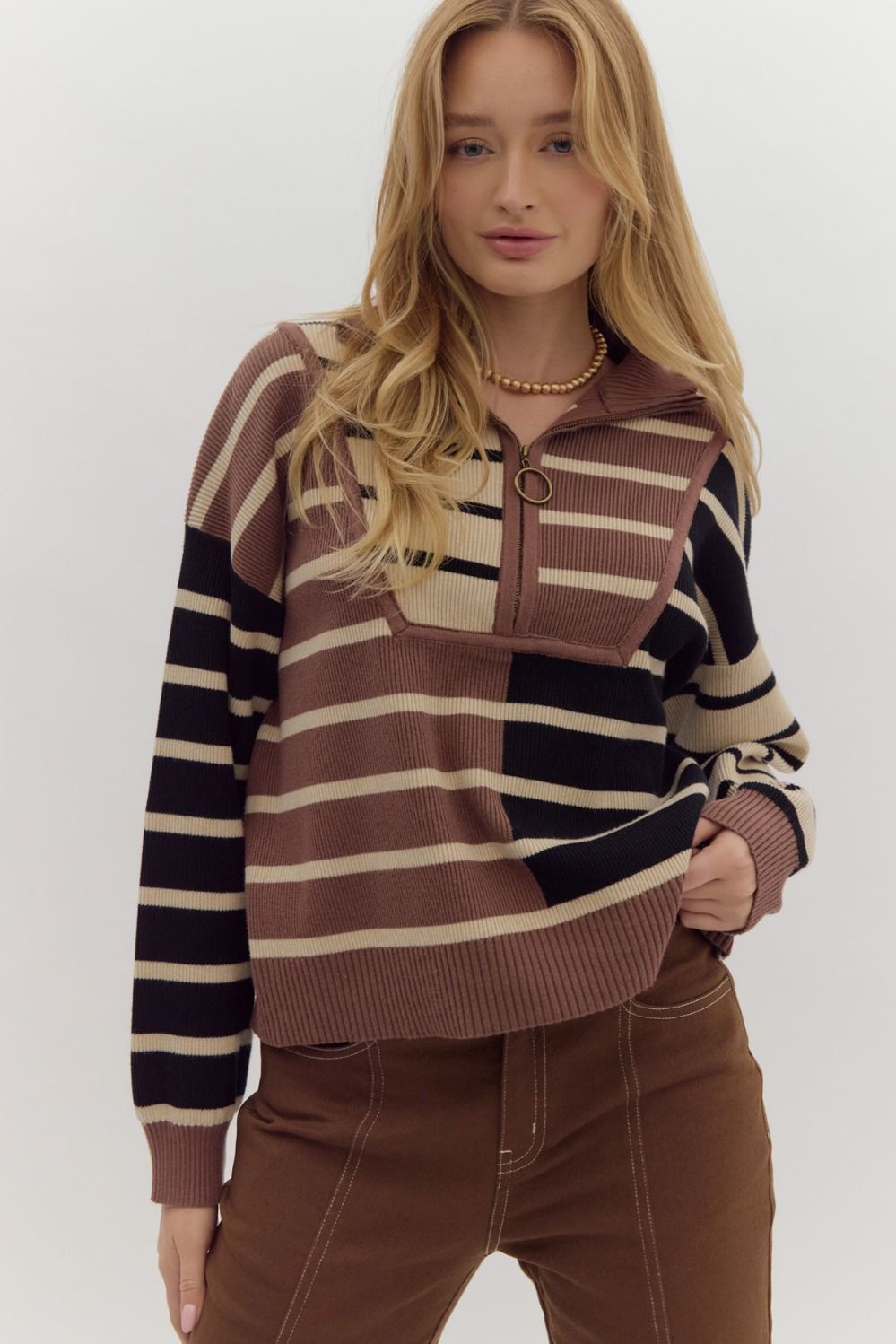 color block striped half zip pullover sweater in black and brown-front